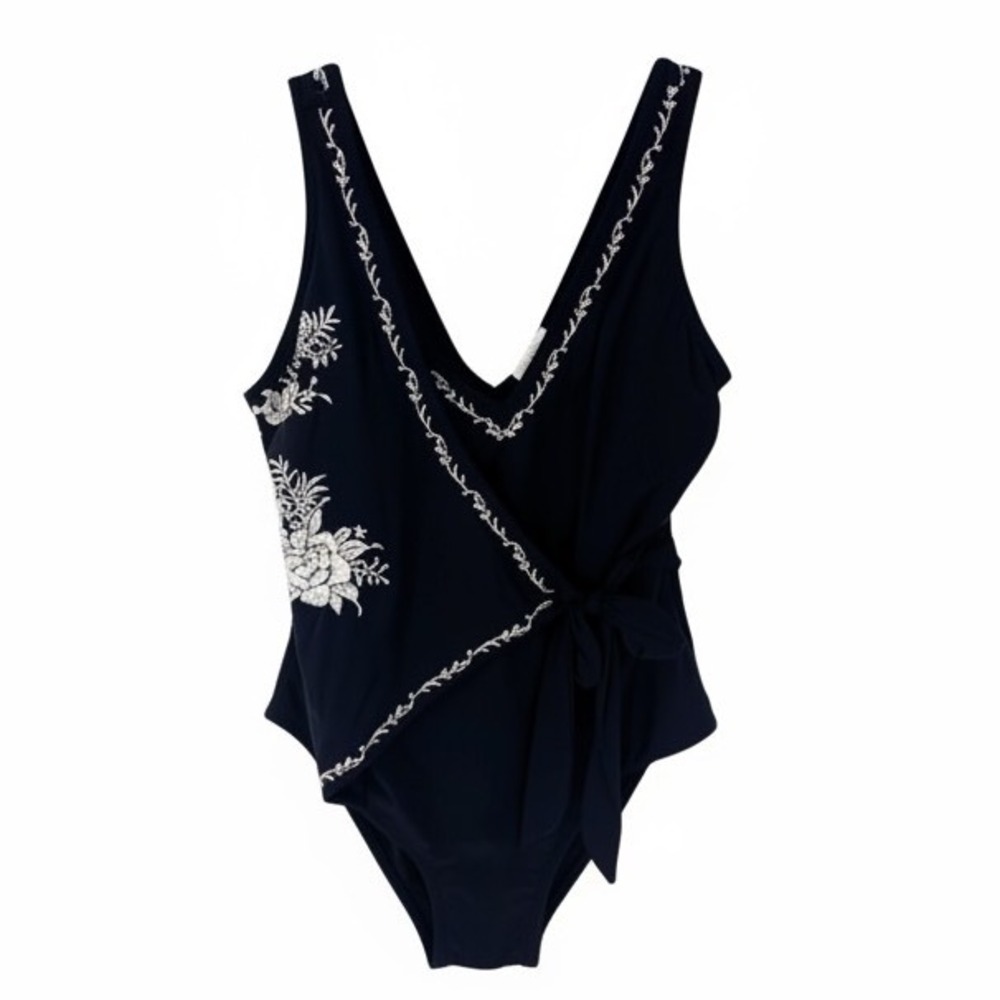 Sundance Womens Black Floral Embroidered Wrap Tie One Piece Swimsuit Large